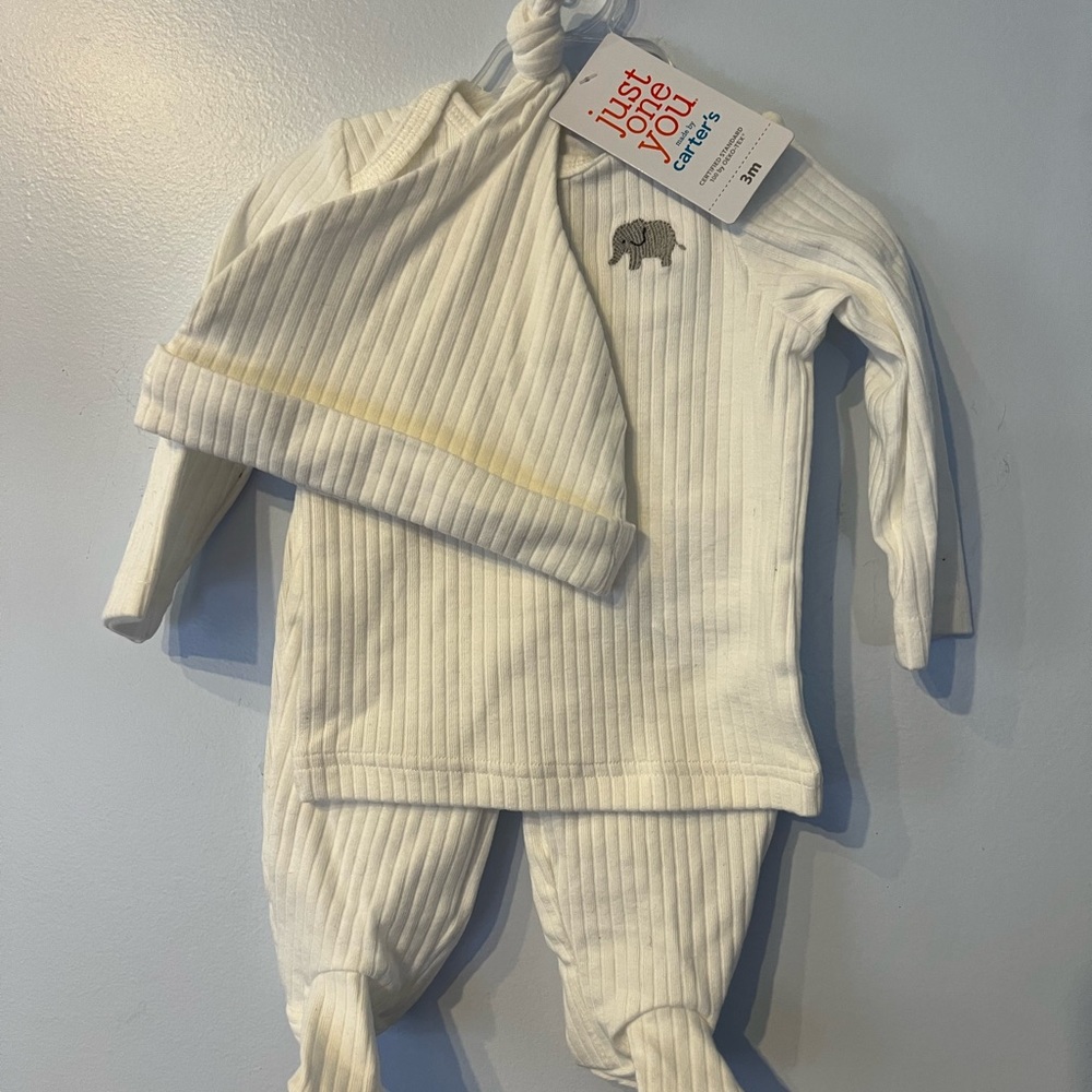 Just you by carters 0-3m all white outfit girl boy 3pc w/hat new